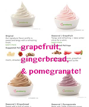 Pinkberry options: mango, gingerbread, pomegranate